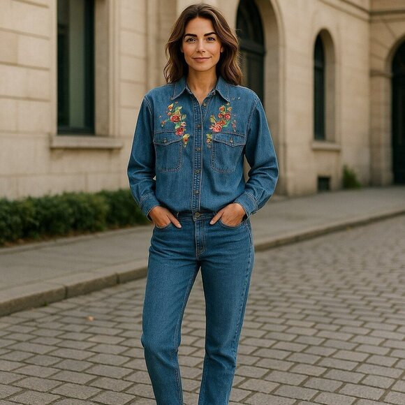 VTG Lasha Large Denim Flower Painted Floral Long Sleeve Button Up Shirt Top Sz L - Picture 1 of 10